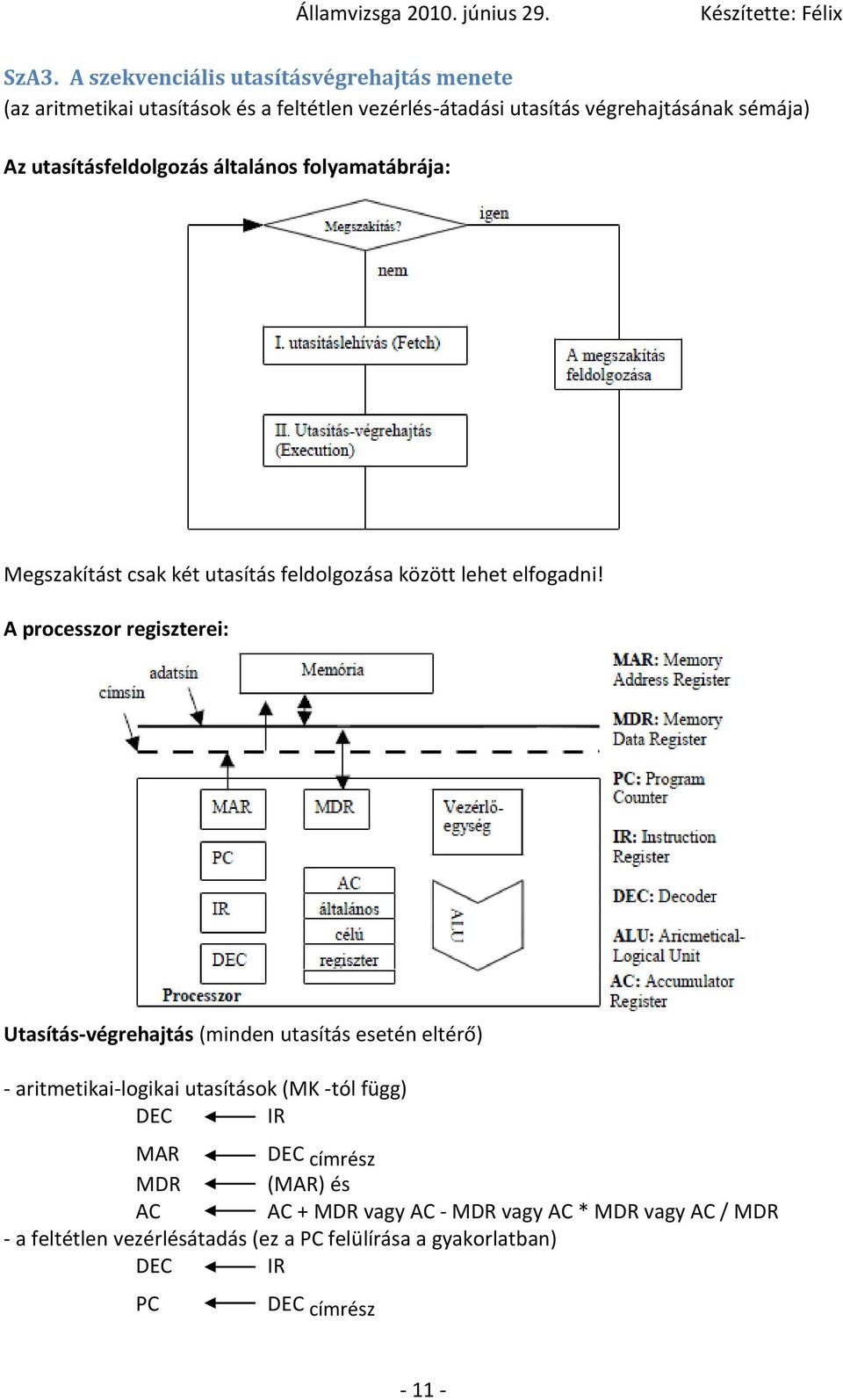 A processzor regiszterei: Utasítás-végrehajtás (minden utasítás esetén eltérő) - aritmetikai-logikai utasítások (MK -tól függ) DEC IR MAR DEC