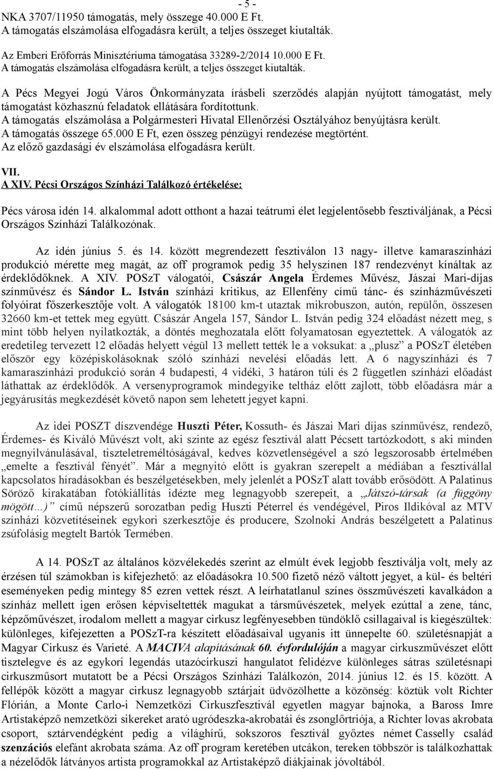 A Pécs Megyei Jogú Város Önkormányzata írásbeli szerződés alapján nyújtott támogatást, mely támogatást közhasznú feladatok ellátására fordítottunk.