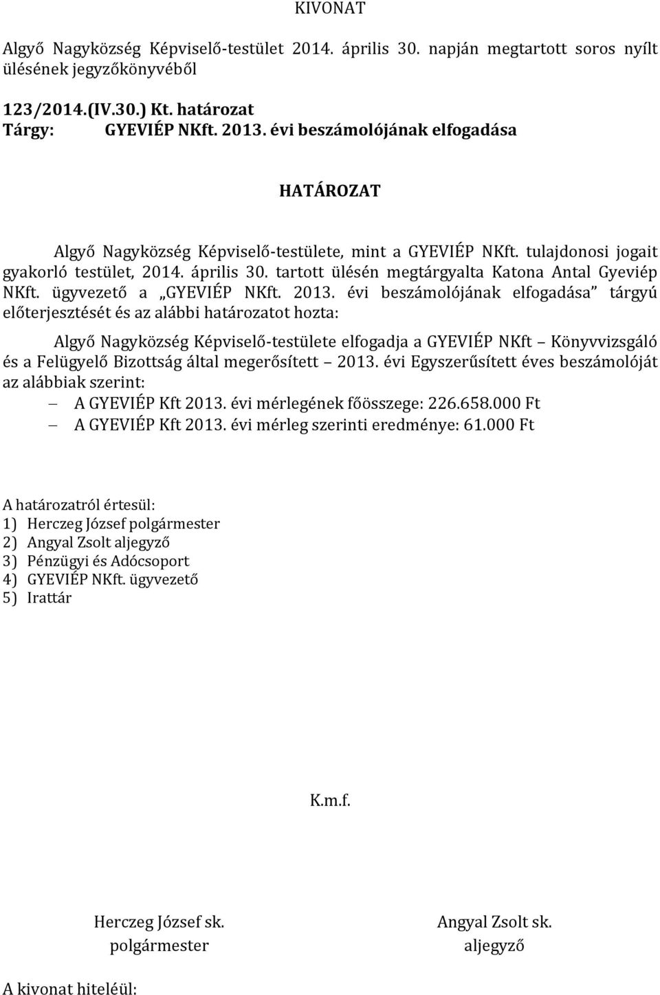 évi beszámolójának elfogadása tárgyú előterjesztését és az alábbi határozatot hozta: Algyő Nagyközség Képviselő-testülete elfogadja a GYEVIÉP NKft Könyvvizsgáló és a Felügyelő Bizottság által