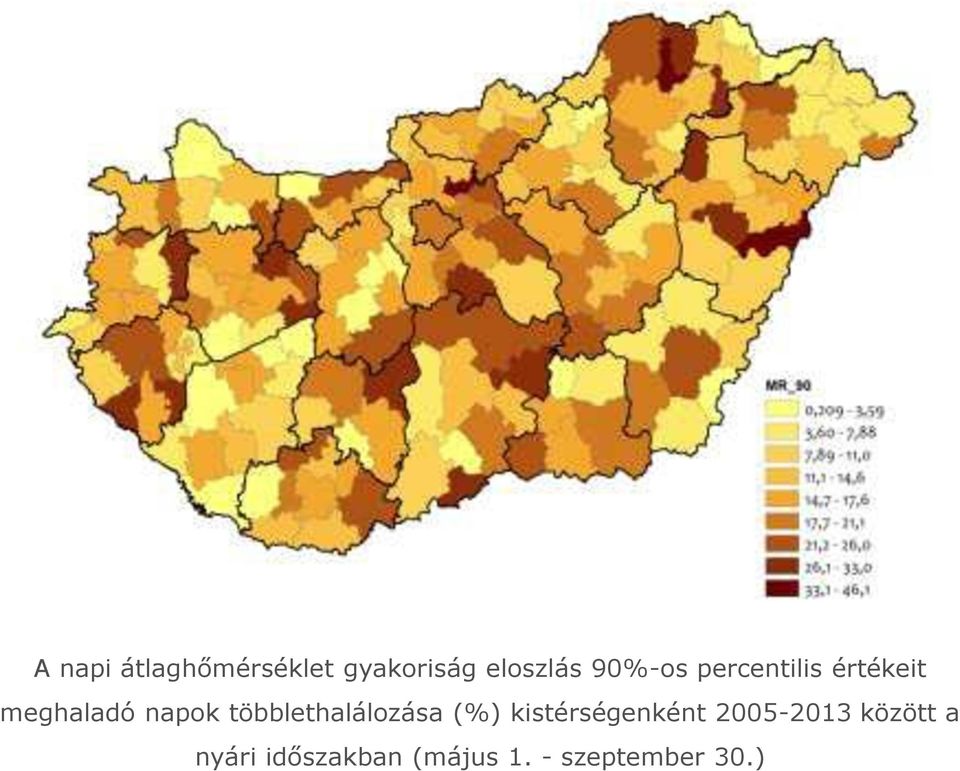 többlethalálozása (%) kistérségenként 2005-2013