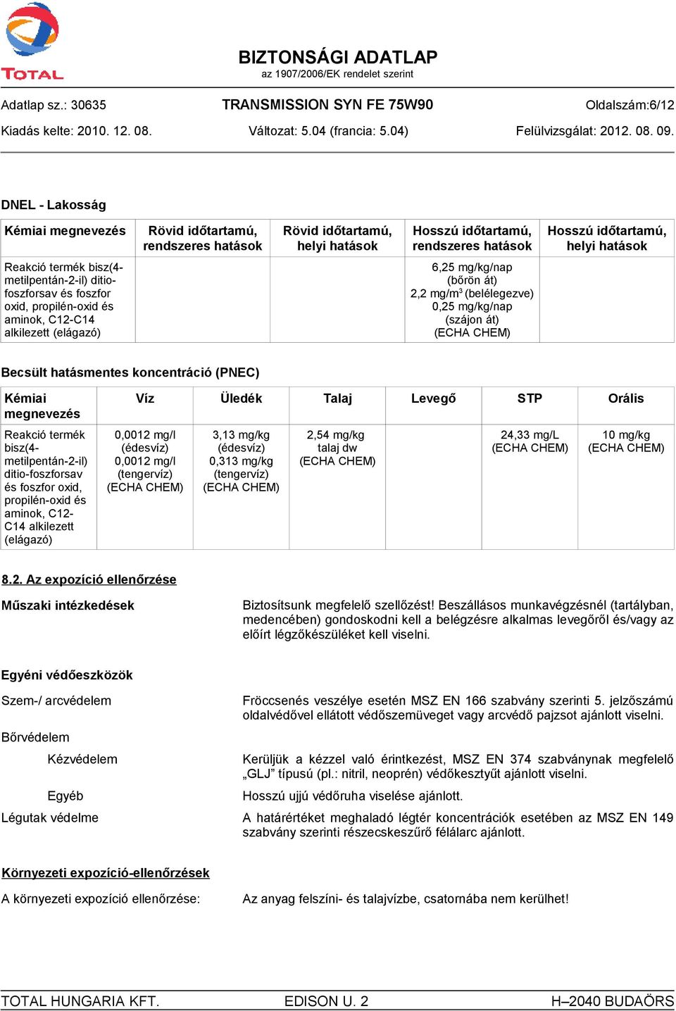 időtartamú, helyi hatások Reakció termék bisz(4- metilpentán-2-il) ditiofoszforsav és foszfor oxid, propilén-oxid és aminok, C12-C14 alkilezett (elágazó) 6,25 mg/kg/nap (bőrön át) 2,2 mg/m 3