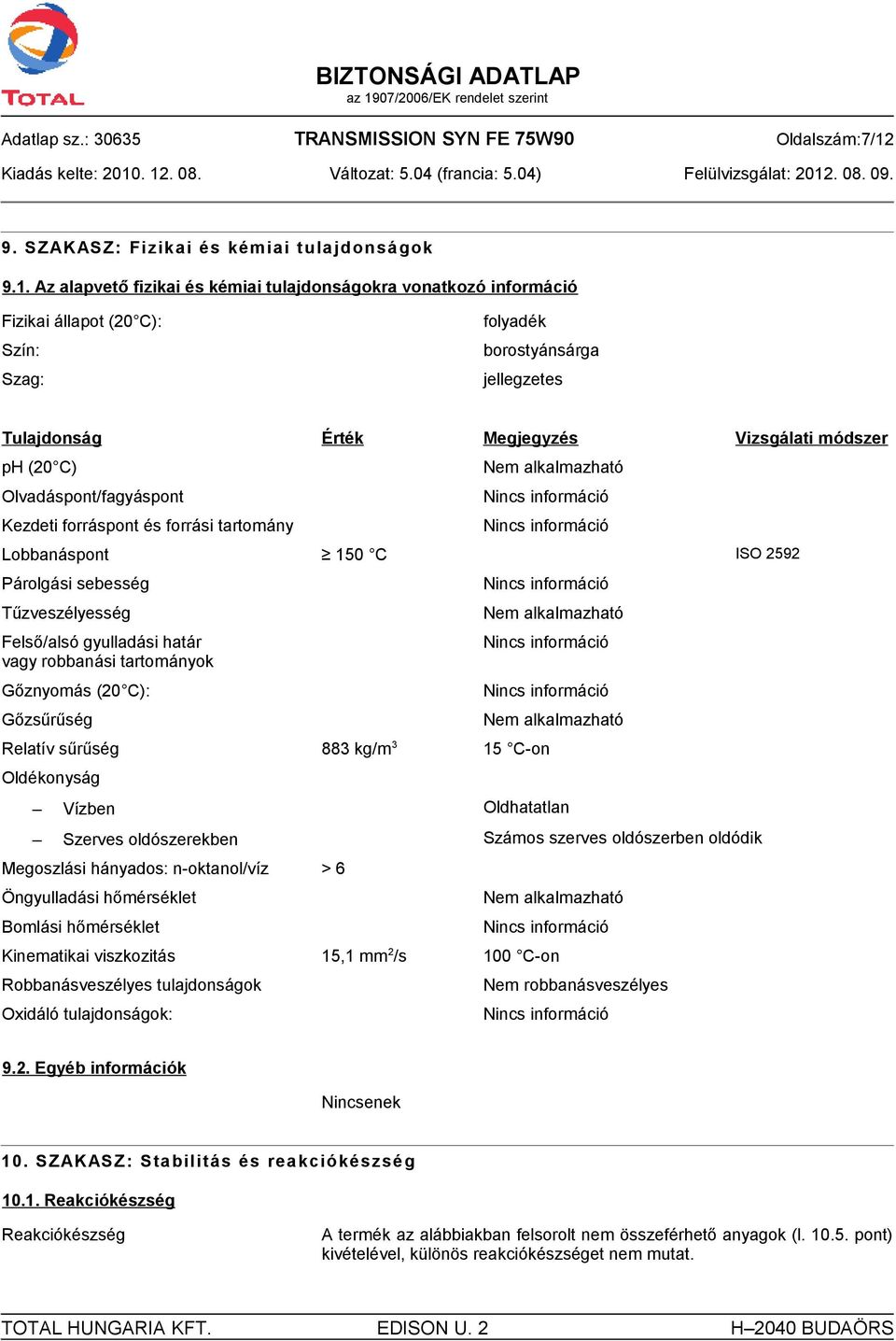 Az alapvető fizikai és kémiai tulajdonságokra vonatkozó információ Fizikai állapot (20 C): Szín: Szag: folyadék borostyánsárga jellegzetes Tulajdonság Érték Megjegyzés Vizsgálati módszer ph (20 C)