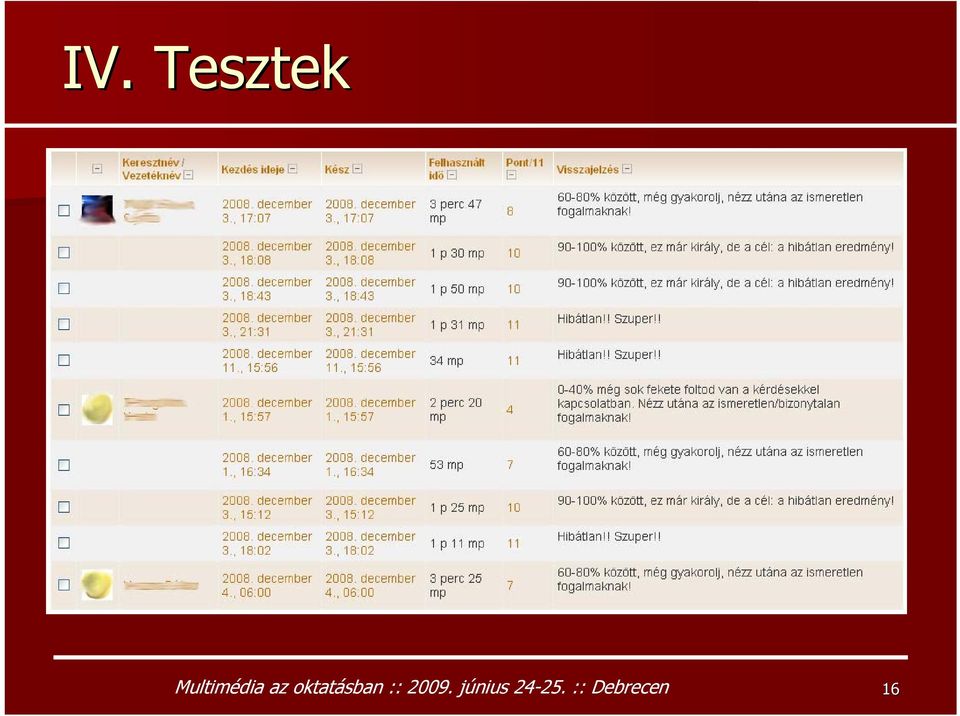 korlát, időköz) 3 db külön k n teszt után egy nagy teszt