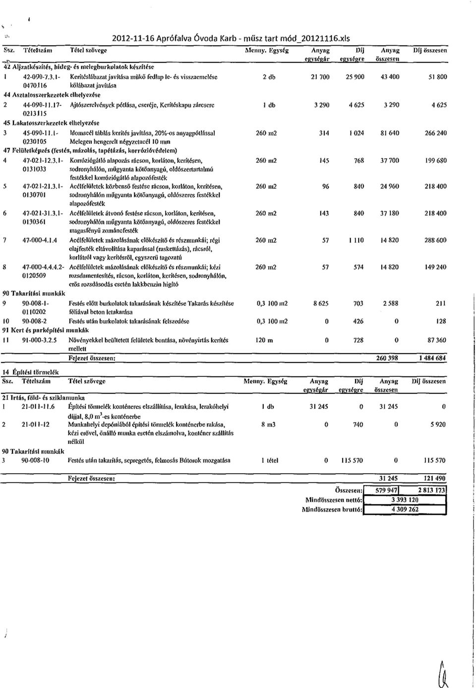 17- Ajtószerclvények pótlása, cseréje, Kerítéskapu zárcsere 213ÍIS 45 Lakatosszerkezetek elhelyezése 3 45-9-11.