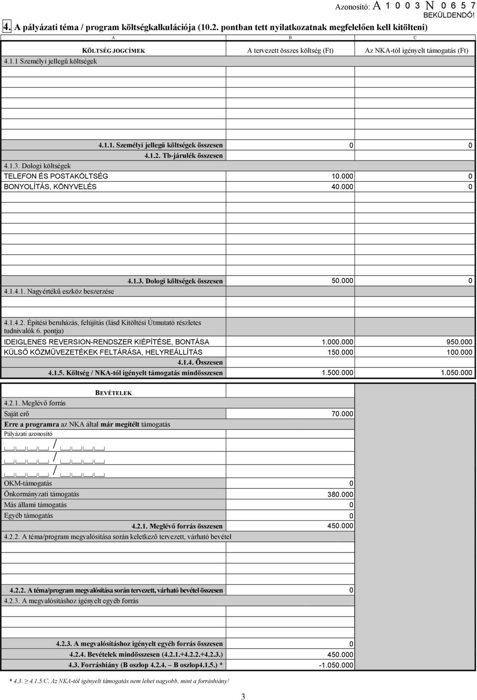 Dologi költségek 4.1.1. Személyi jellegű költségek összesen 4.1.2. Tb-járulék összesen TELEFON ÉS POSTAKÖLTSÉG 1. BONYOLÍTÁS, KÖNYVELÉS 4. 4.1.4.1. Nagyértékű eszköz beszerzése 4.1.3.