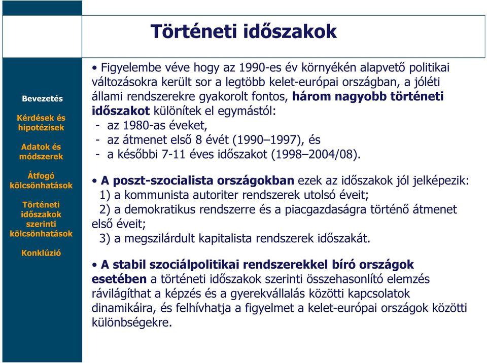 A poszt-szocialista országokban ezek az jól jelképezik: 1) a kommunista autoriter rendszerek utolsó éveit; 2) a demokratikus rendszerre és a piacgazdaságra történő átmenet első éveit; 3) a