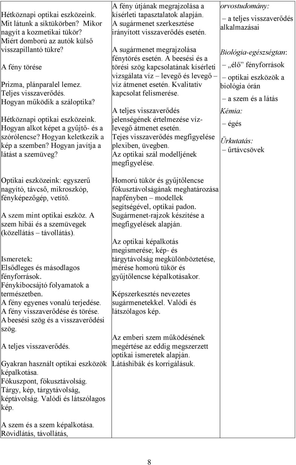 Optikai eszközeink: egyszerű nagyító, távcső, mikroszkóp, fényképezőgép, vetítő. A szem mint optikai eszköz. A szem hibái és a szemüvegek (közellátás távollátás).