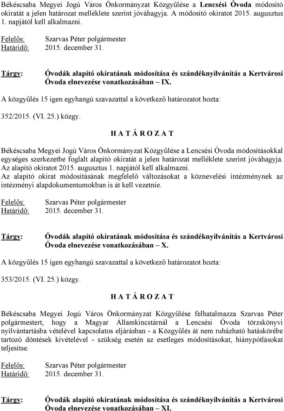 A közgyűlés 15 igen egyhangú szavazattal a következő határozatot hozta: 352/2015. (VI. 25.) közgy.