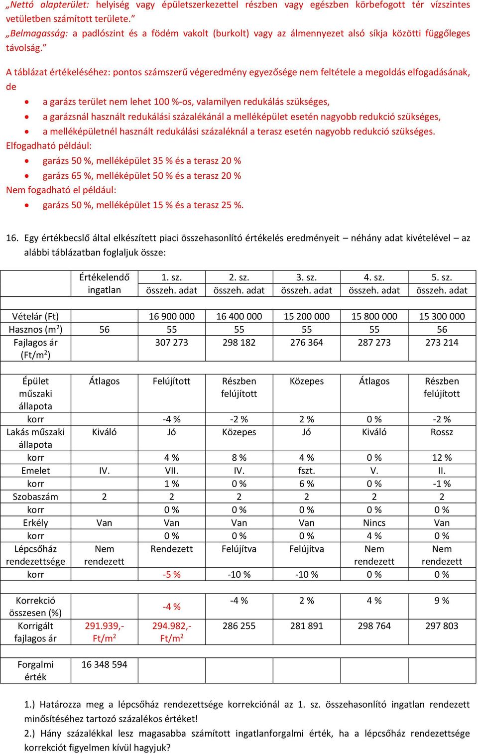 A táblázat értékeléséhez: pontos számszerű végeredmény egyezősége nem feltétele a megoldás elfogadásának, de a garázs terület nem lehet 100 %-os, valamilyen redukálás szükséges, a garázsnál használt