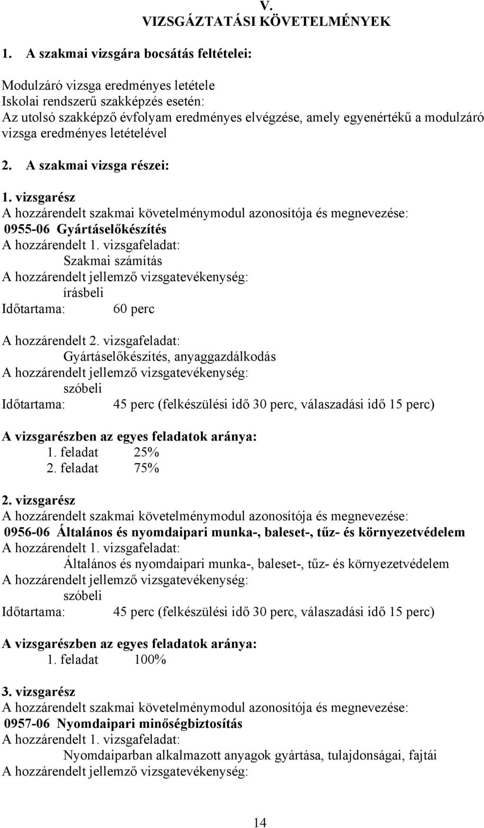 eredményes letételével 2. A szakmai vizsga részei: 1. vizsgarész A hozzárendelt szakmai követelménymodul azonosítója és megnevezése: 0955-06 Gyártáselőkészítés A hozzárendelt 1.