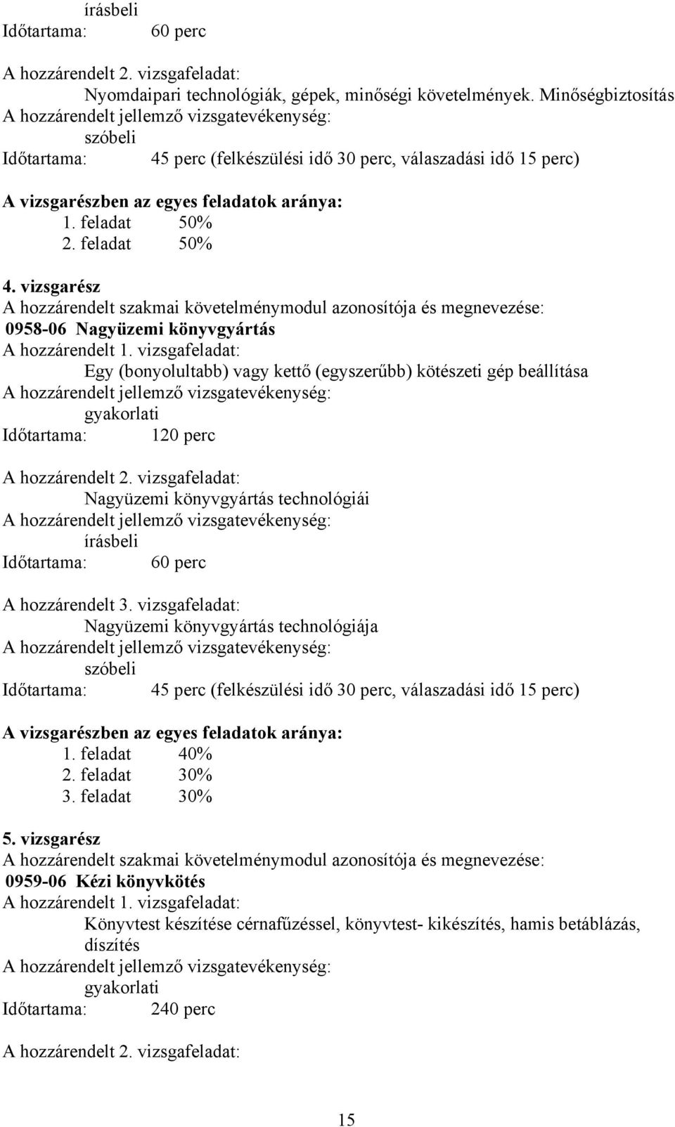 vizsgarész A hozzárendelt szakmai követelménymodul azonosítója és megnevezése: 0958-06 Nagyüzemi könyvgyártás A hozzárendelt 1.