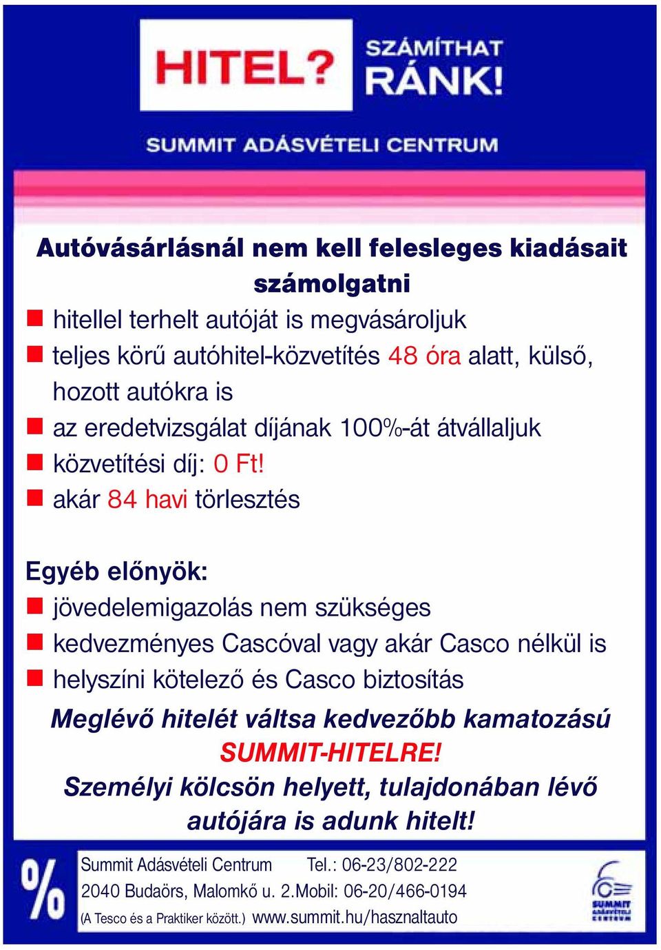 akár 84 havi törlesztés Egyéb előnyök: jövedelemigazolás nem szükséges kedvezményes Cascóval vagy akár Casco nélkül is helyszíni kötelező és Casco biztosítás Meglévő