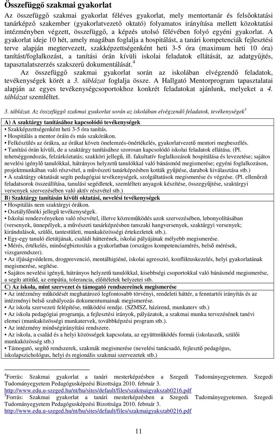 A gyakorlat ideje 10 hét, amely magában foglalja a hospitálást, a tanári kompetenciák fejlesztési terve alapján megtervezett, szakképzettségenként heti 3-5 óra (maximum heti 10 óra)