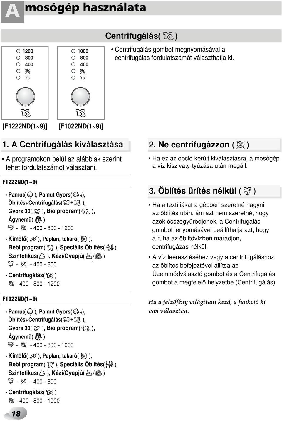 F1222ND(1~9) - Pamut( ), Pamut Gyors( ), Öblítés+Centrifugálás( ), Gyors 30( ), Bio program( ), Ágynemı( ) - - 400-800 - 1200 - KímélŒ( ), Paplan, takaró( ), Bébi program( ), Speciális Öblítés( ),