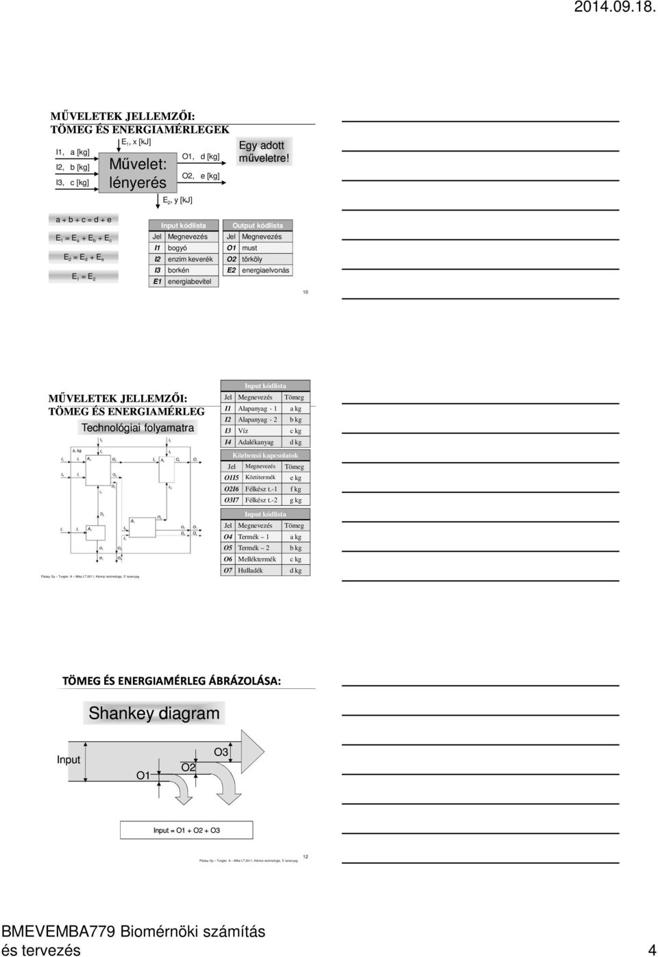 E2 energiaelvonás 10 MŰVELETEK JELLEMZŐI: TÖMEG ÉS ENERGIAMÉRLEG Technológiai folyamatra Pátzay Gy Tungler A Mika LT 2011, Kémiai technológia, E tananyag Input kódlista Jel Megnevezés Tömeg I1