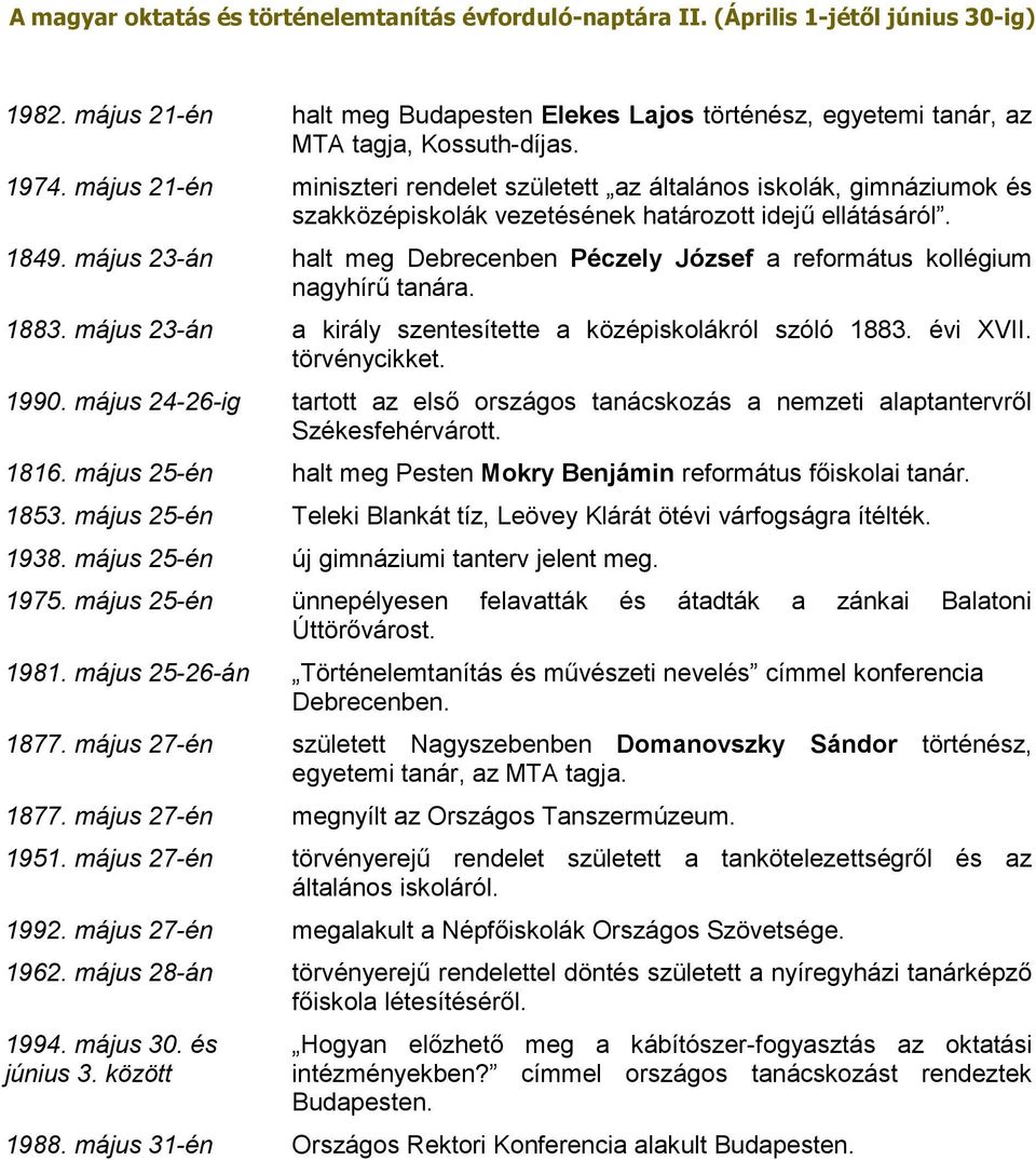 május 23-án halt meg Debrecenben Péczely József a református kollégium nagyhírű tanára. 1883. május 23-án a király szentesítette a középiskolákról szóló 1883. évi XVII. törvénycikket. 1990.