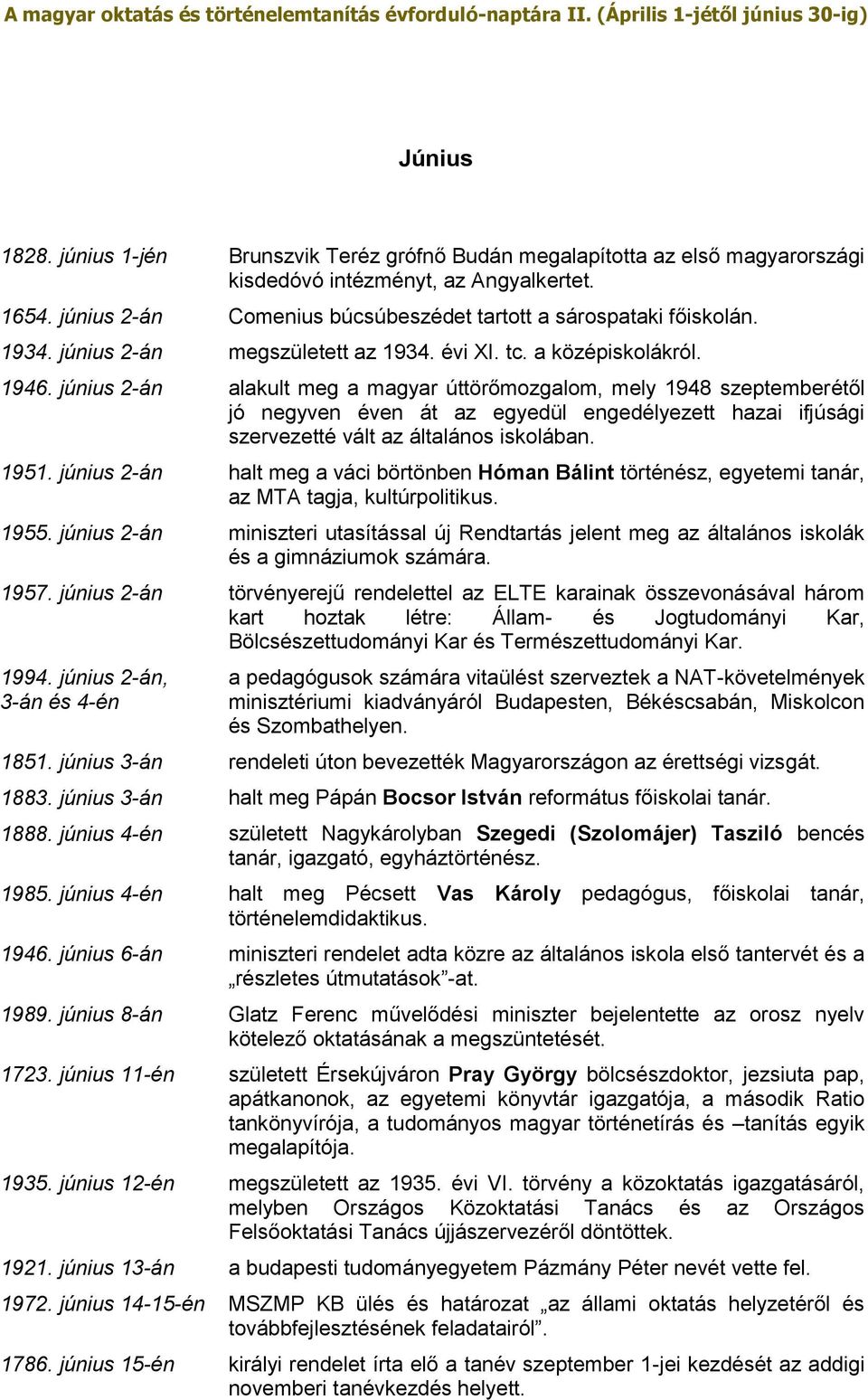 június 2-án alakult meg a magyar úttörőmozgalom, mely 1948 szeptemberétől jó negyven éven át az egyedül engedélyezett hazai ifjúsági szervezetté vált az általános iskolában. 1951.