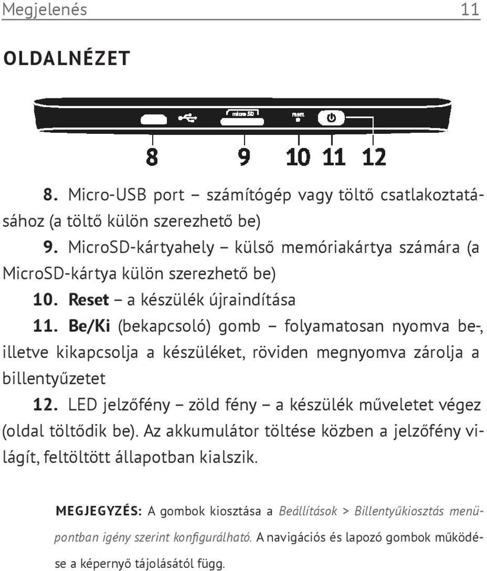 Be/Ki (bekapcsoló) gomb folyamatosan nyomva be-, illetve kikapcsolja a készüléket, röviden megnyomva zárolja a billentyűzetet 12.