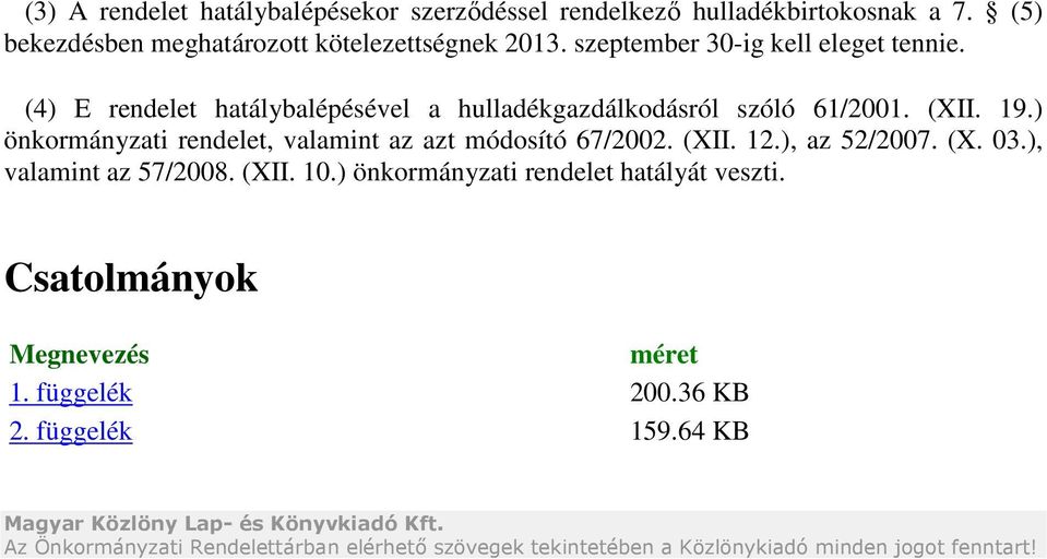 ) önkormányzati rendelet, valamint az azt módosító 67/2002. (XII. 12.), az 52/2007. (X. 03.), valamint az 57/2008. (XII. 10.