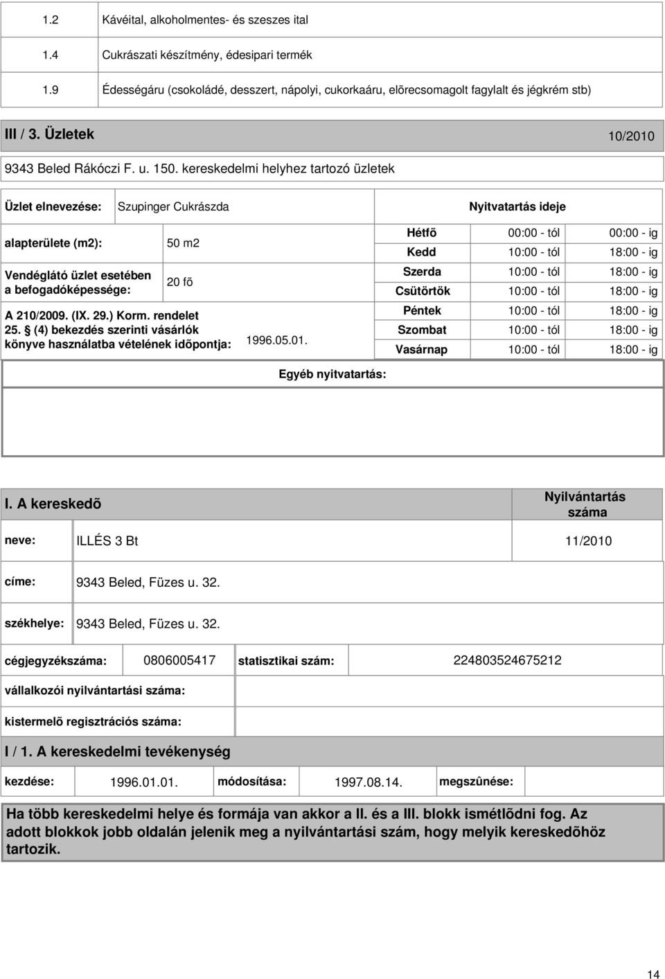 kereskedelmi helyhez tartozó üzletek Üzlet elnevezése: Szupinger Cukrászda Nyitvatartás ideje alapterülete (m2): Vendéglátó üzlet esetében a befogadóképessége: 50 m2 20 fõ A 210/2009. (IX. 29.) Korm.