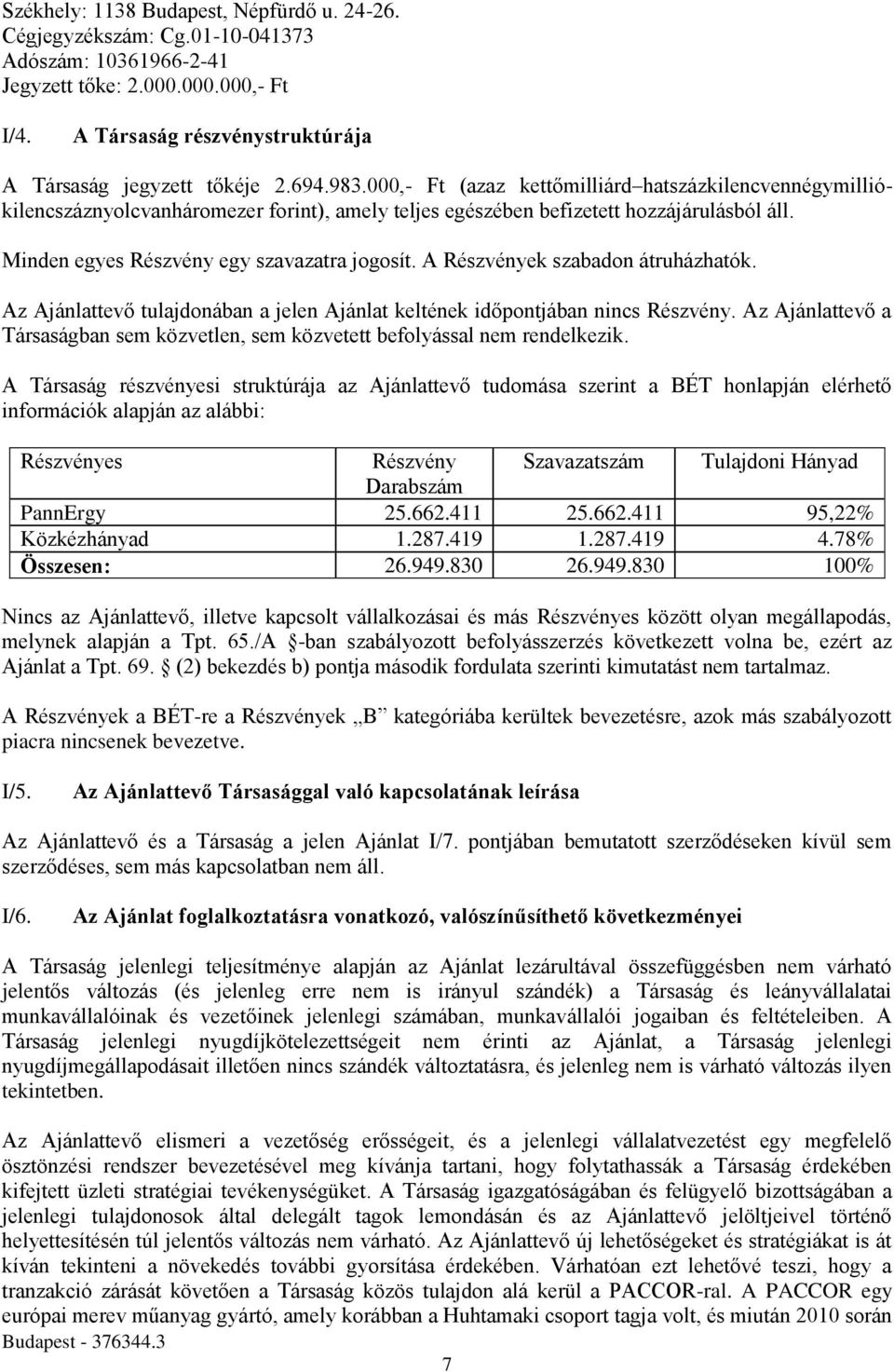 A Részvények szabadon átruházhatók. Az Ajánlattevő tulajdonában a jelen Ajánlat keltének időpontjában nincs Részvény.