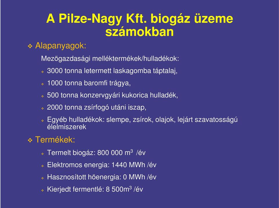 táptalaj, 1000 tonna baromfi trágya, 500 tonna konzervgyári kukorica hulladék, 2000 tonna zsírfogó utáni iszap,