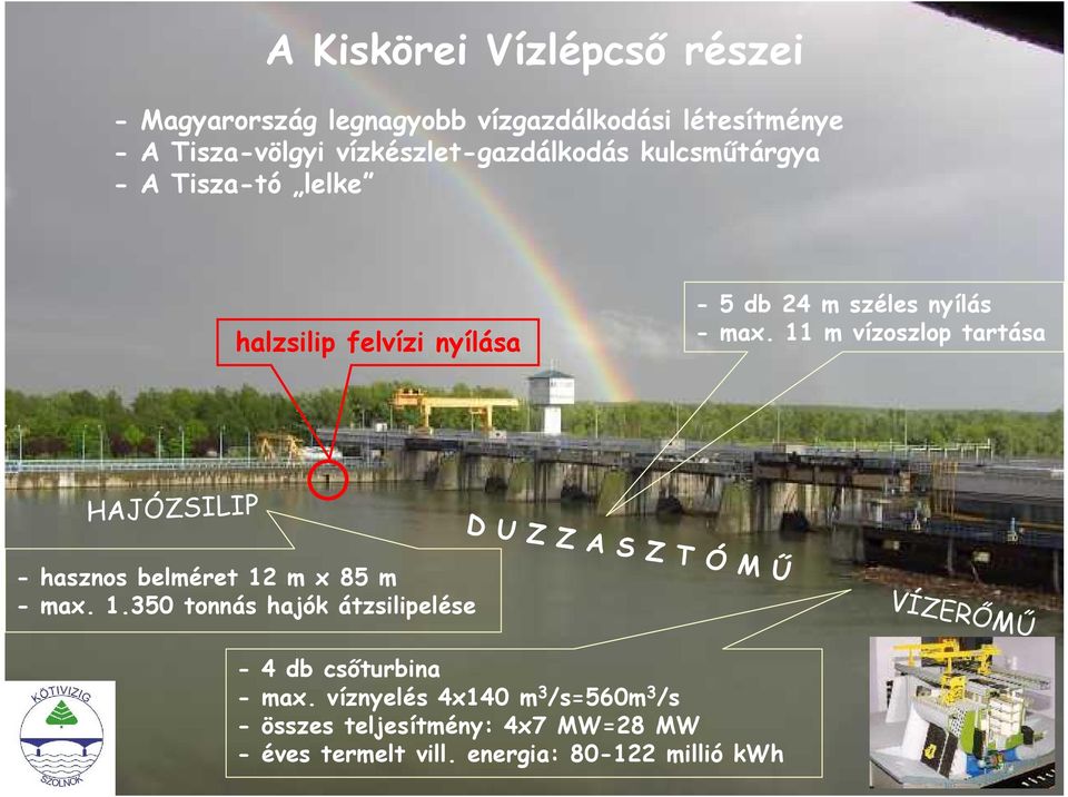 max. 11 m vízoszlop tartása D U Z Z A S Z T Ó M Ű - hasznos belméret 12 m x 85 m - max. 1.350 tonnás hajók átzsilipelése - 4 db csőturbina max.