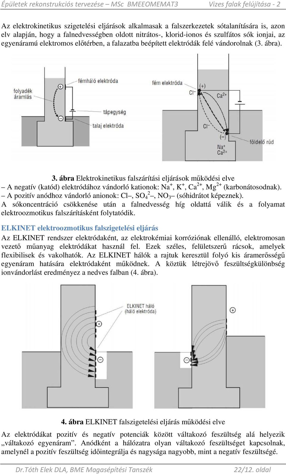 ábra Elektrokinetikus falszárítási eljárások mőködési elve A negatív (katód) elektródához vándorló kationok: Na +, K +, Ca 2+, Mg 2+ (karbonátosodnak).