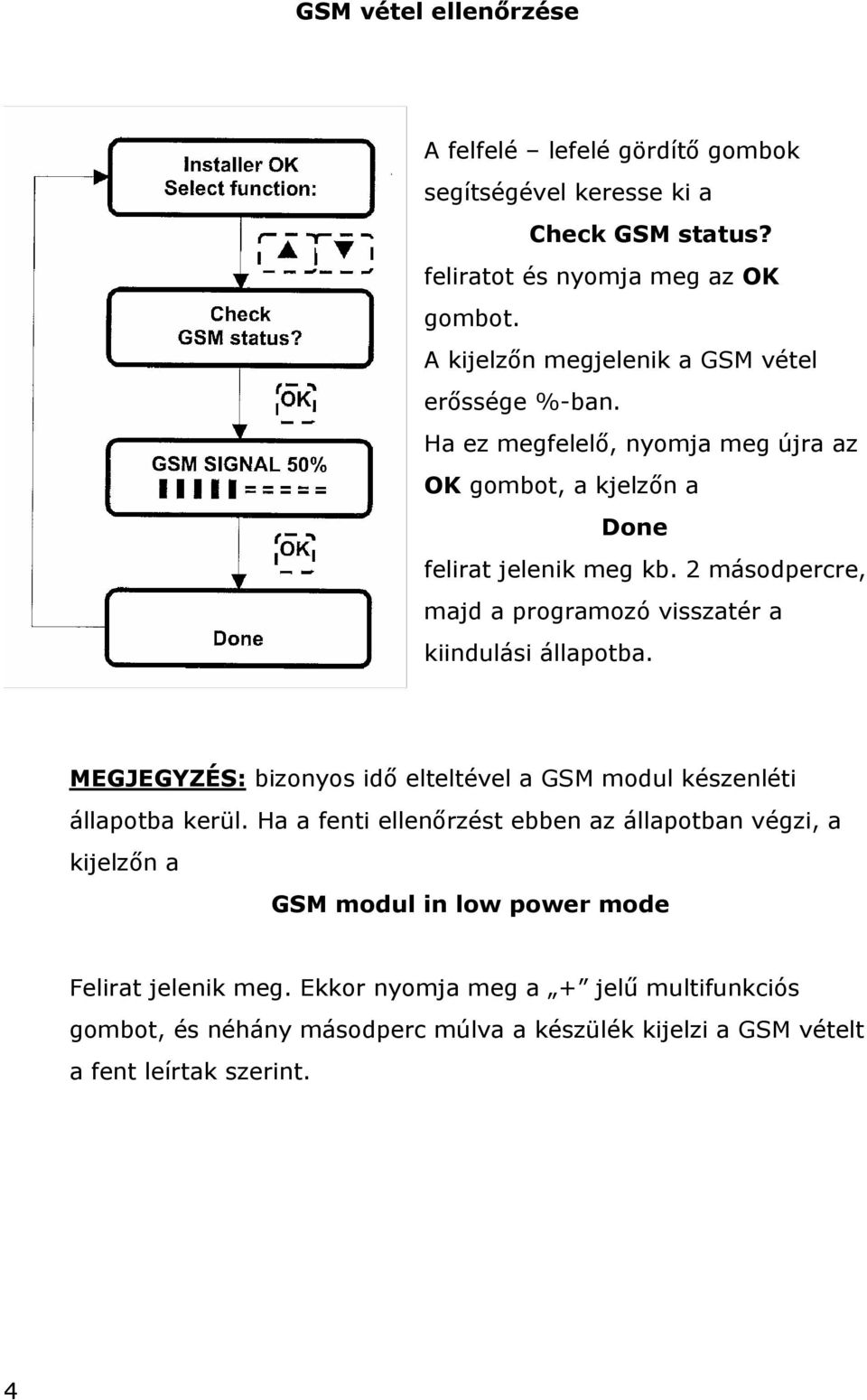 2 másodpercre, majd a programozó visszatér a kiindulási állapotba. MEGJEGYZÉS: bizonyos idő elteltével a GSM modul készenléti állapotba kerül.