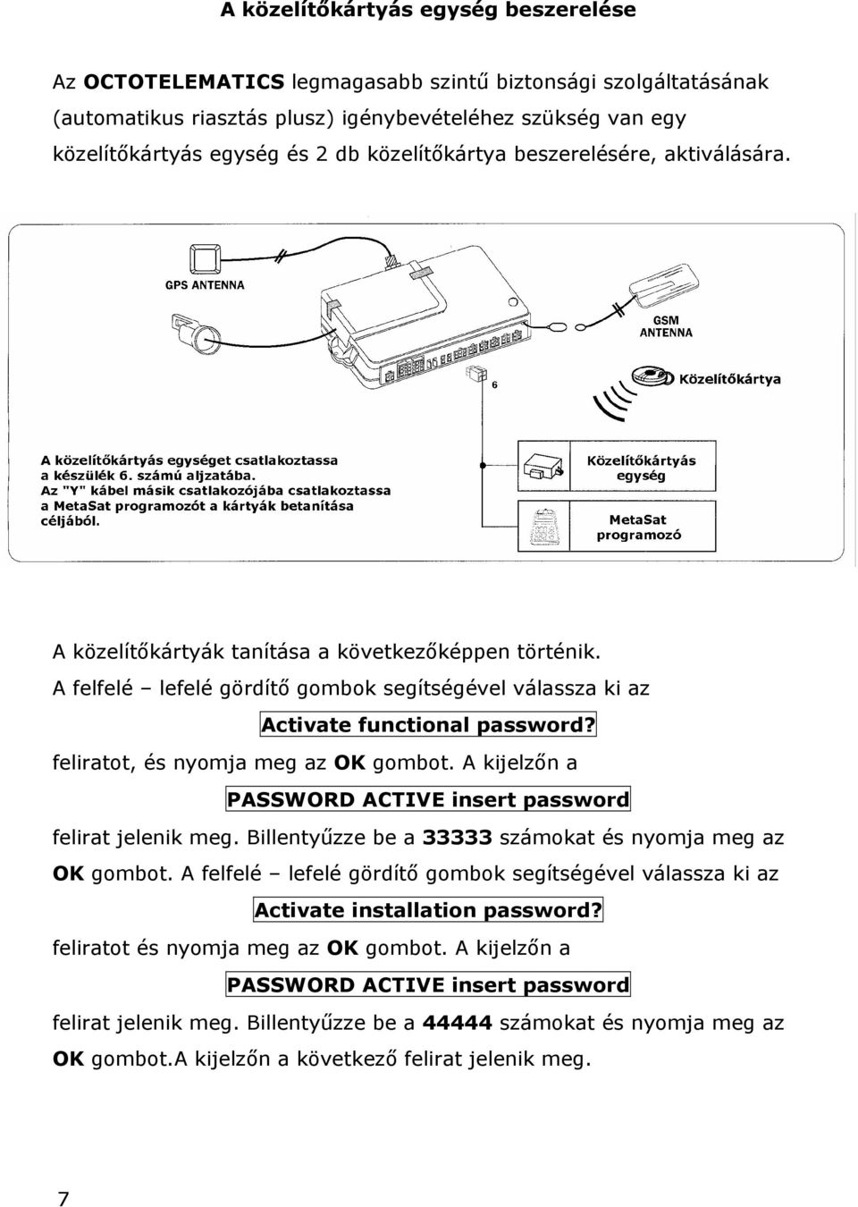 feliratot, és nyomja meg az OK gombot. A kijelzőn a PASSWORD ACTIVE insert password felirat jelenik meg. Billentyűzze be a 33333 számokat és nyomja meg az OK gombot.