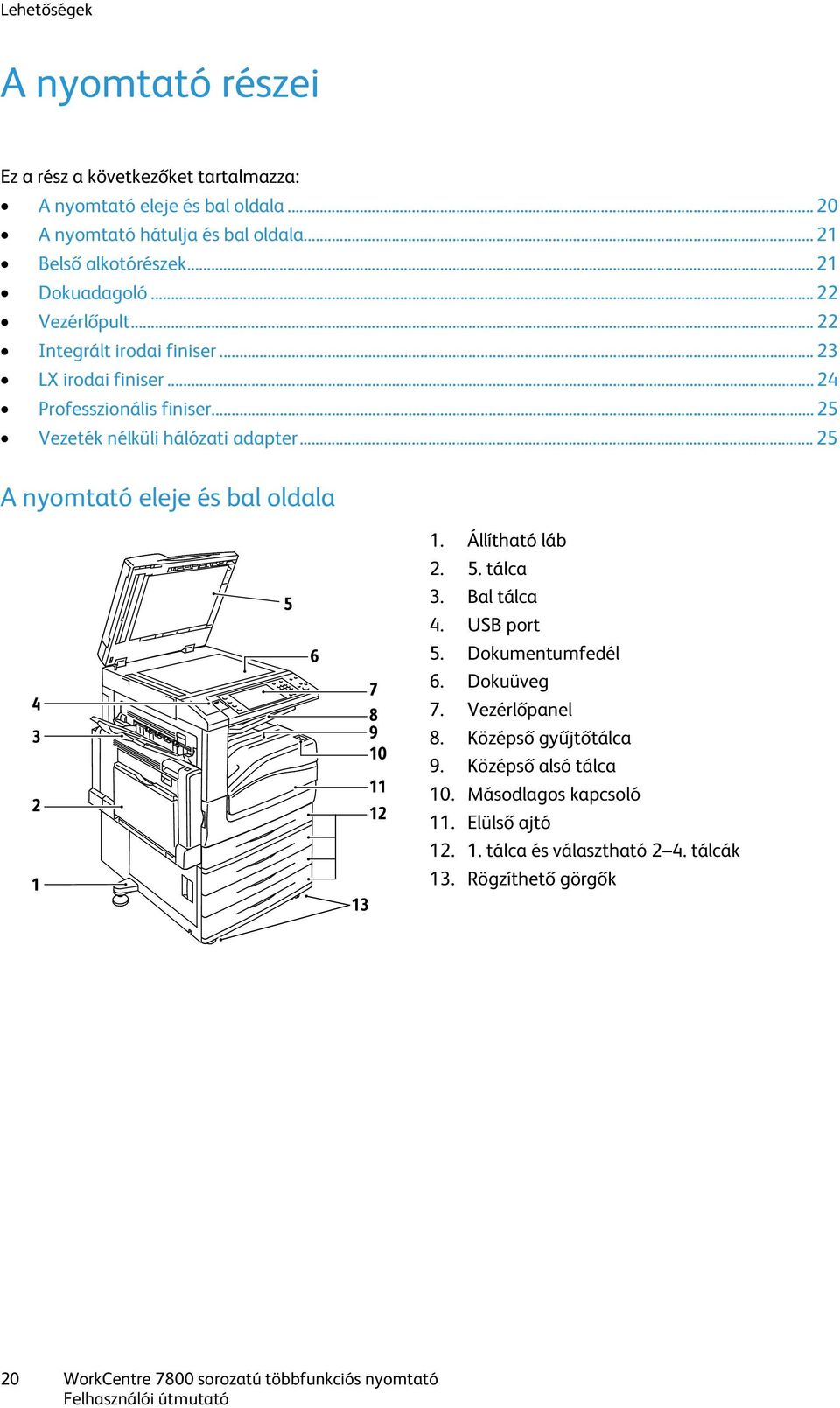 .. 25 A nyomtató eleje és bal oldala 1. Állítható láb 2. 5. tálca 3. Bal tálca 4. USB port 5. Dokumentumfedél 6. Dokuüveg 7. Vezérlőpanel 8. Középső gyűjtőtálca 9.