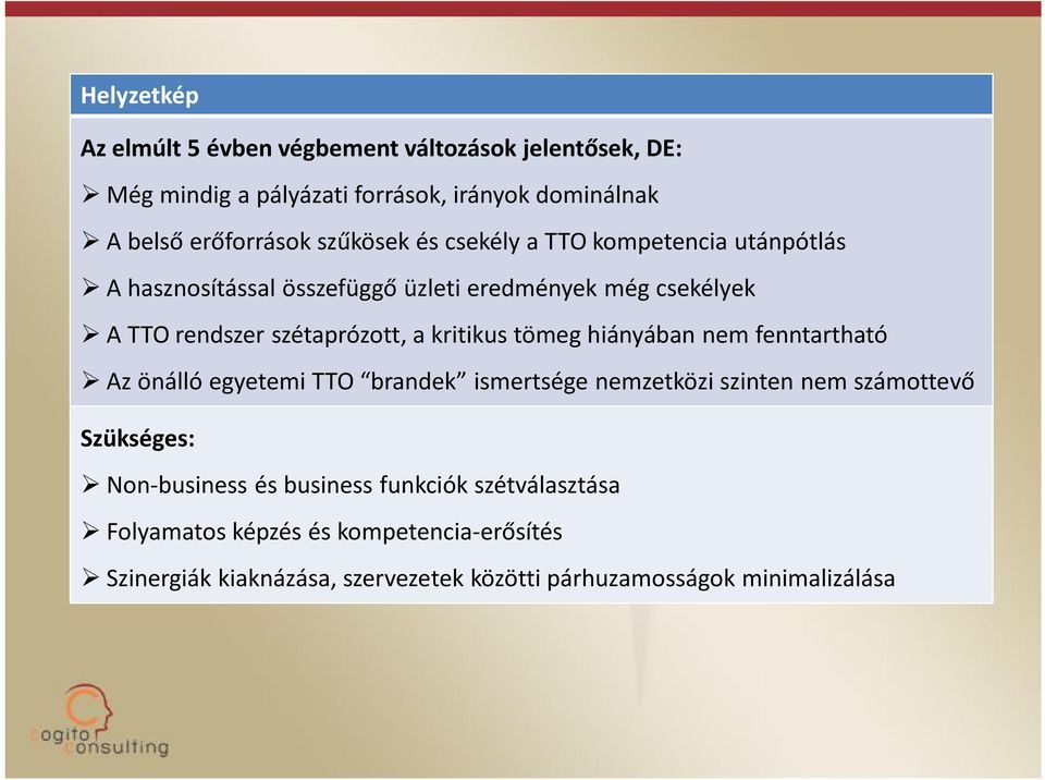 kritikus tömeg hiányában nem fenntartható Az önálló egyetemi TTO brandek ismertsége nemzetközi szinten nem számottevő Szükséges: Non-business