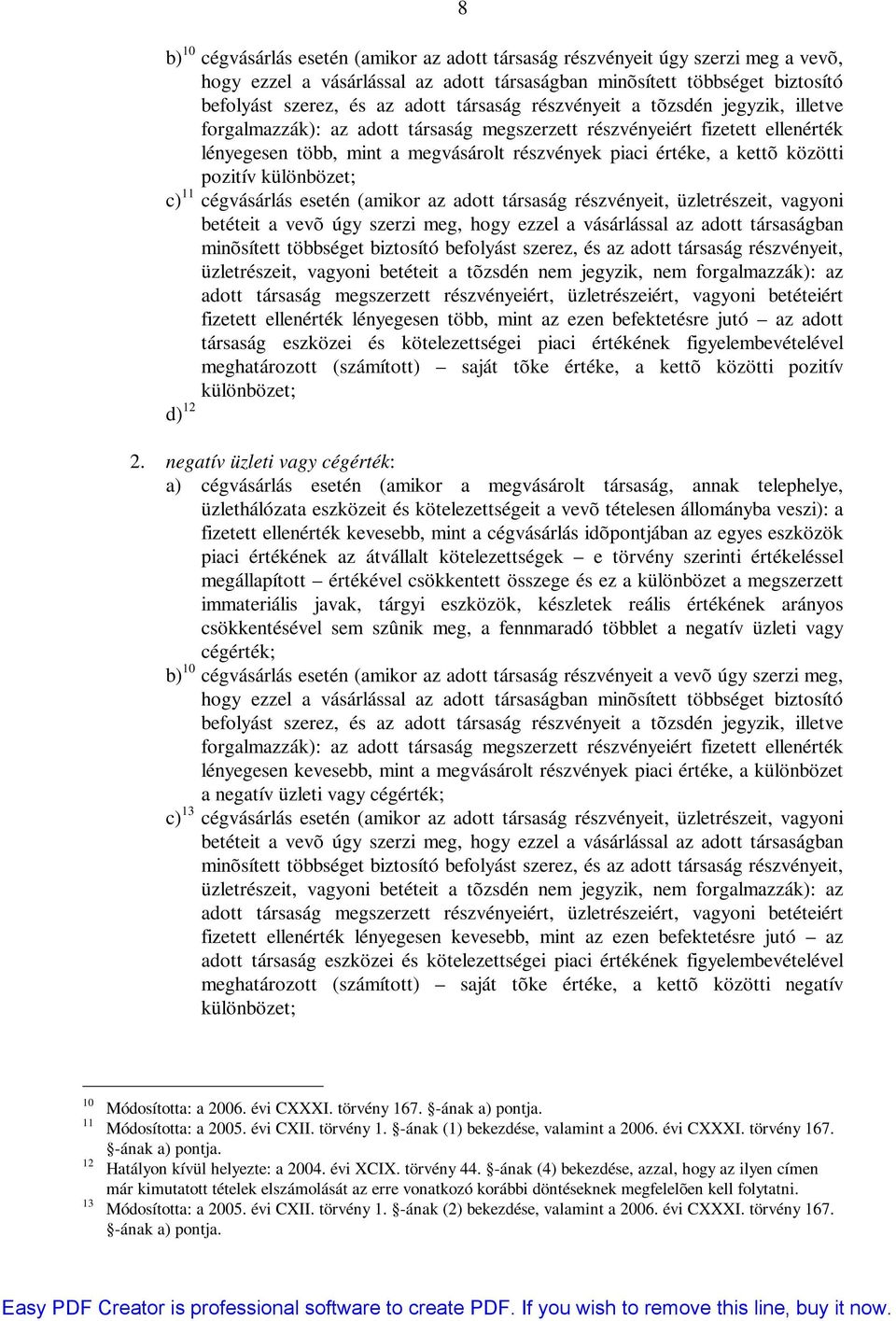 közötti pozitív különbözet; c) 11 cégvásárlás esetén (amikor az adott társaság részvényeit, üzletrészeit, vagyoni betéteit a vevõ úgy szerzi meg, hogy ezzel a vásárlással az adott társaságban