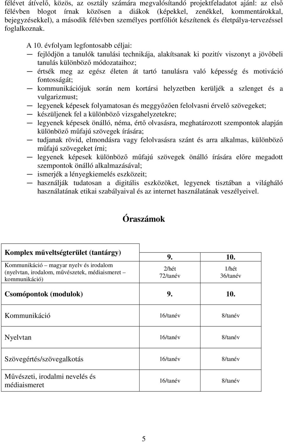 évfolyam legfontosabb céljai: fejlődjön a tanulók tanulási technikája, alakítsanak ki pozitív viszonyt a jövőbeli tanulás különböző módozataihoz; értsék meg az egész életen át tartó tanulásra való