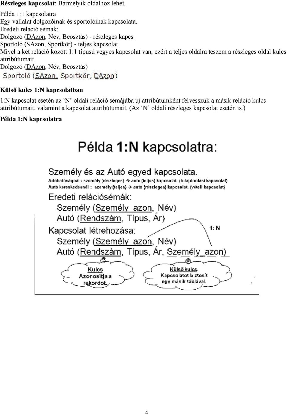 Sportoló (SAzon, Sportkör) - teljes kapcsolat Mivel a két reláció között 1:1 típusú vegyes kapcsolat van, ezért a teljes oldalra teszem a részleges oldal kulcs