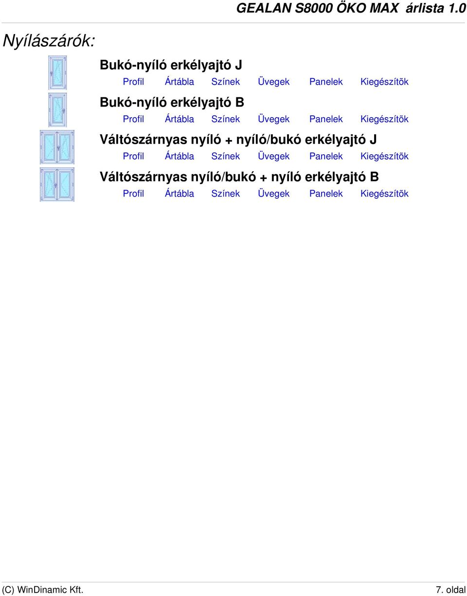 nyíló + nyíló/bukó erkélyajtó J Profil Ártábla Színek Üvegek Panelek Kiegészítõk