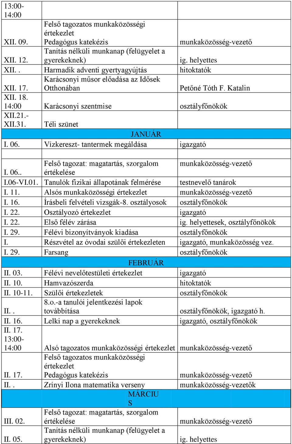 Írásbeli felvételi vizsgák-8. osztályosok I. 22. Osztályozó igazgató I. 22. Első félév zárása ig. helyettesek, I. 29. Félévi bizonyítványok kiadása I.