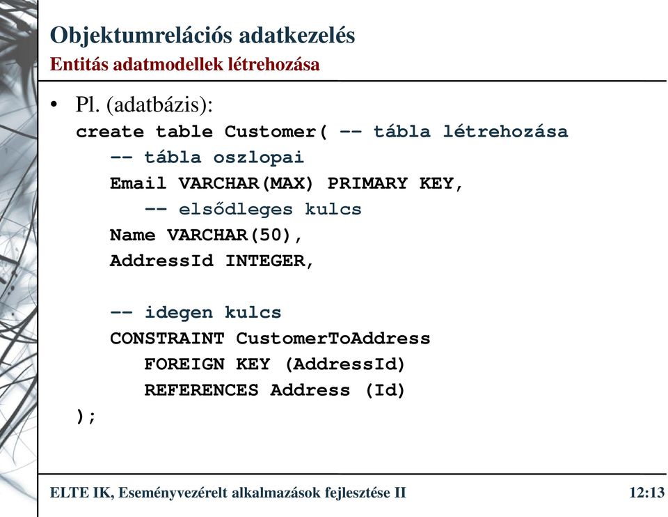 VARCHAR(MAX) PRIMARY KEY, -- elsődleges kulcs Name VARCHAR(50), AddressId INTEGER, ); --