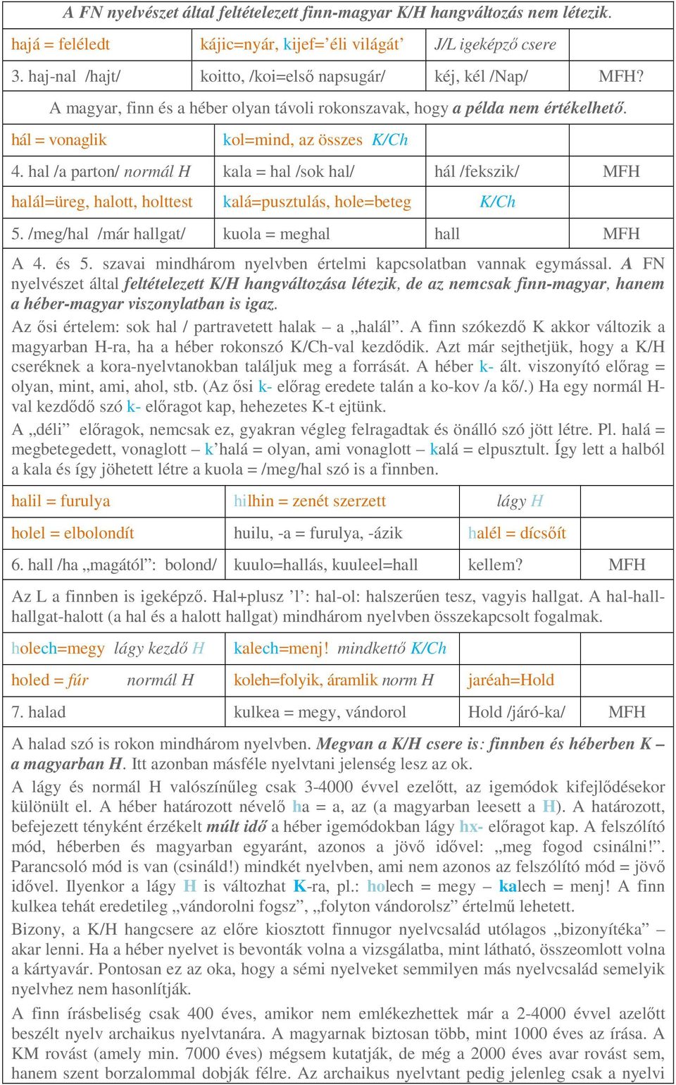 hal /a parton/ normál H kala = hal /sok hal/ hál /fekszik/ MFH halál=üreg, halott, holttest kalá=pusztulás, hole=beteg K/Ch 5. /meg/hal /már hallgat/ kuola = meghal hall MFH A 4. és 5.