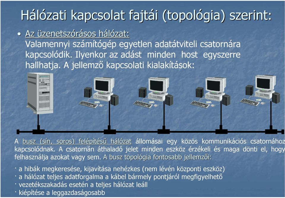 A jellemző kapcsolati kialakítások: A busz (sín, soros) felépítésű hálózat állomásai egy közös kommunikációs csatornához kapcsolódnak.