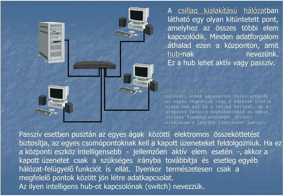 Fontosabb jellemzői: -hálózati hibák egyszerűen felkutathatók -az egyes végpontok vagy a kábelek hibája miatt nem áll le a teljes hálózat, de a központi vezérlő meghibásodása az egész hálózat