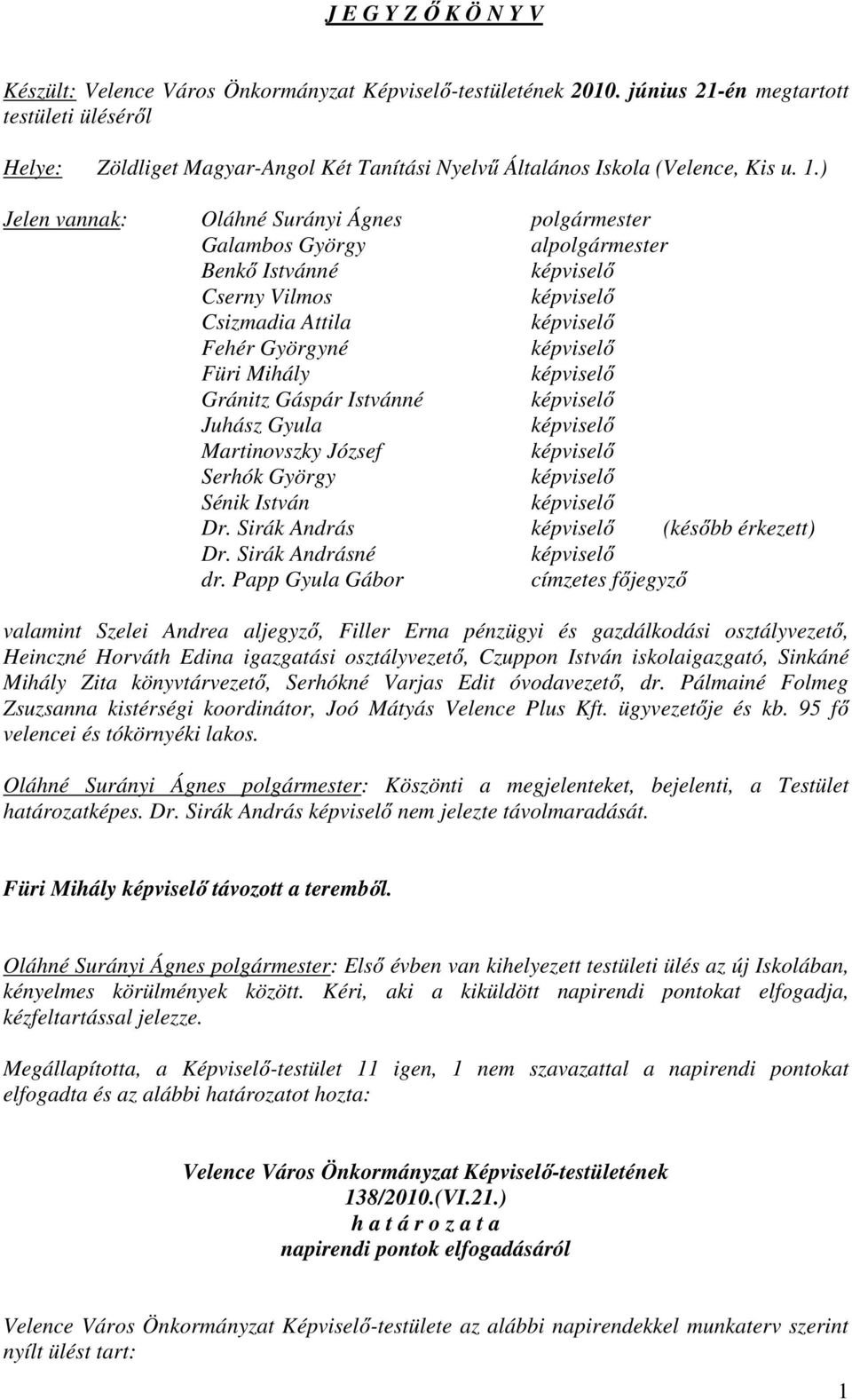 ) Jelen vannak: Oláhné Surányi Ágnes polgármester Galambos György alpolgármester Benkő Istvánné képviselő Cserny Vilmos képviselő Csizmadia Attila képviselő Fehér Györgyné képviselő Füri Mihály