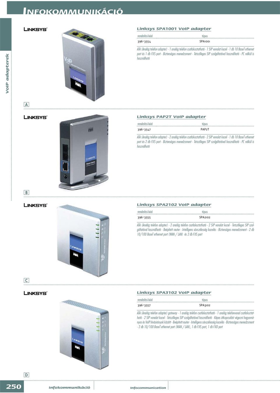 port és db FXS port iztonságos menedzsment Tetszôleges SIP szolgáltatóval használható P nélkül is használható Linksys SP0 VoIP adapter 96-555 SP0 T (nalóg telefon adapter) analóg telefon