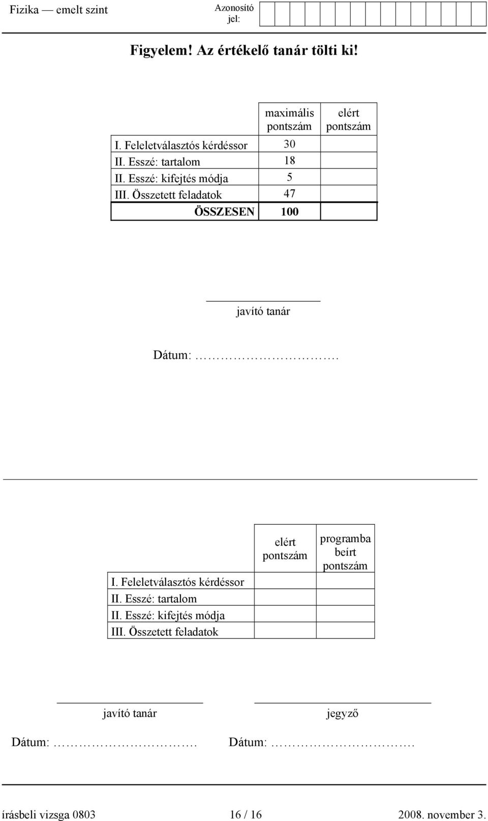 Összetett feladatok 47 ÖSSZESEN 100 elért pontszám javító tanár Dátum:. I. Feleletválasztós kérdéssor II.