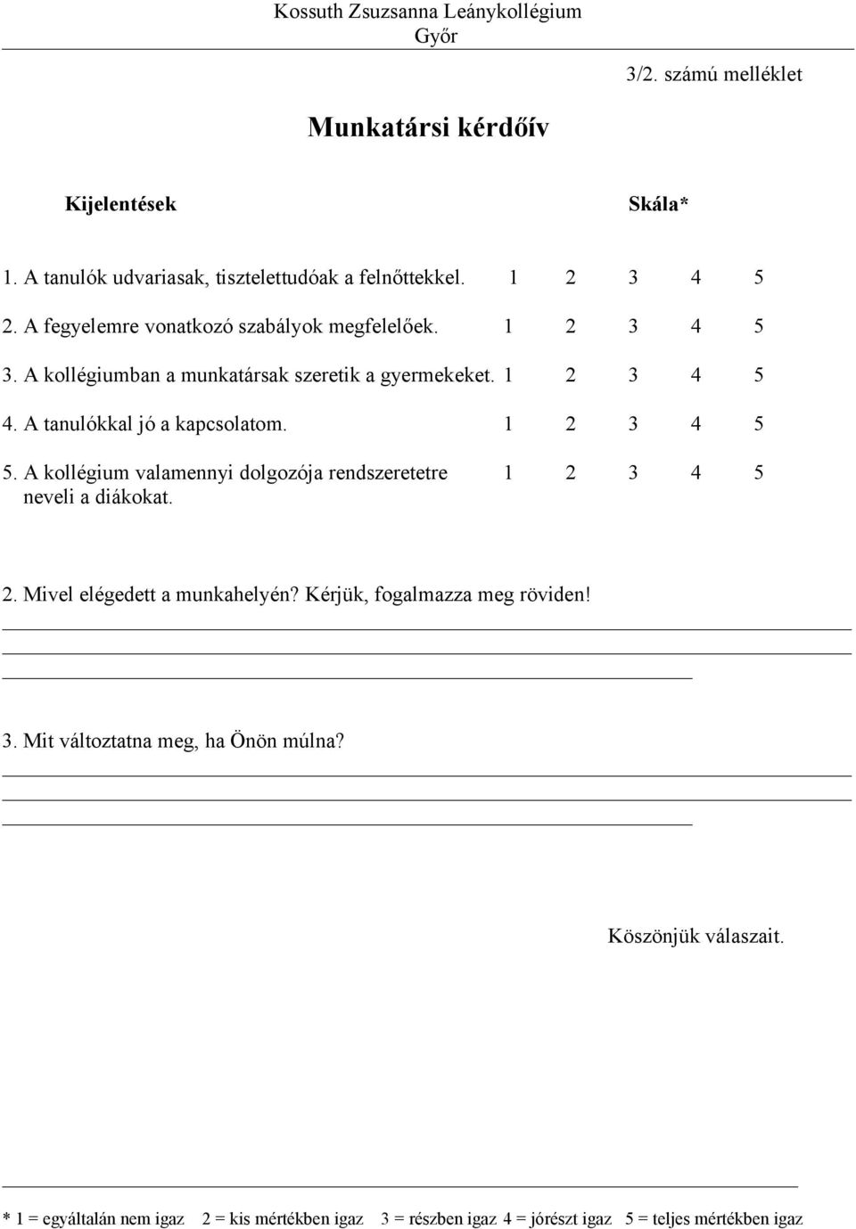 A tanulókkal jó a kapcsolatom. 1 2 3 4 5 5. A kollégium valamennyi dolgozója rendszeretetre 1 2 3 4 5 neveli a diákokat. 2. Mivel elégedett a munkahelyén?