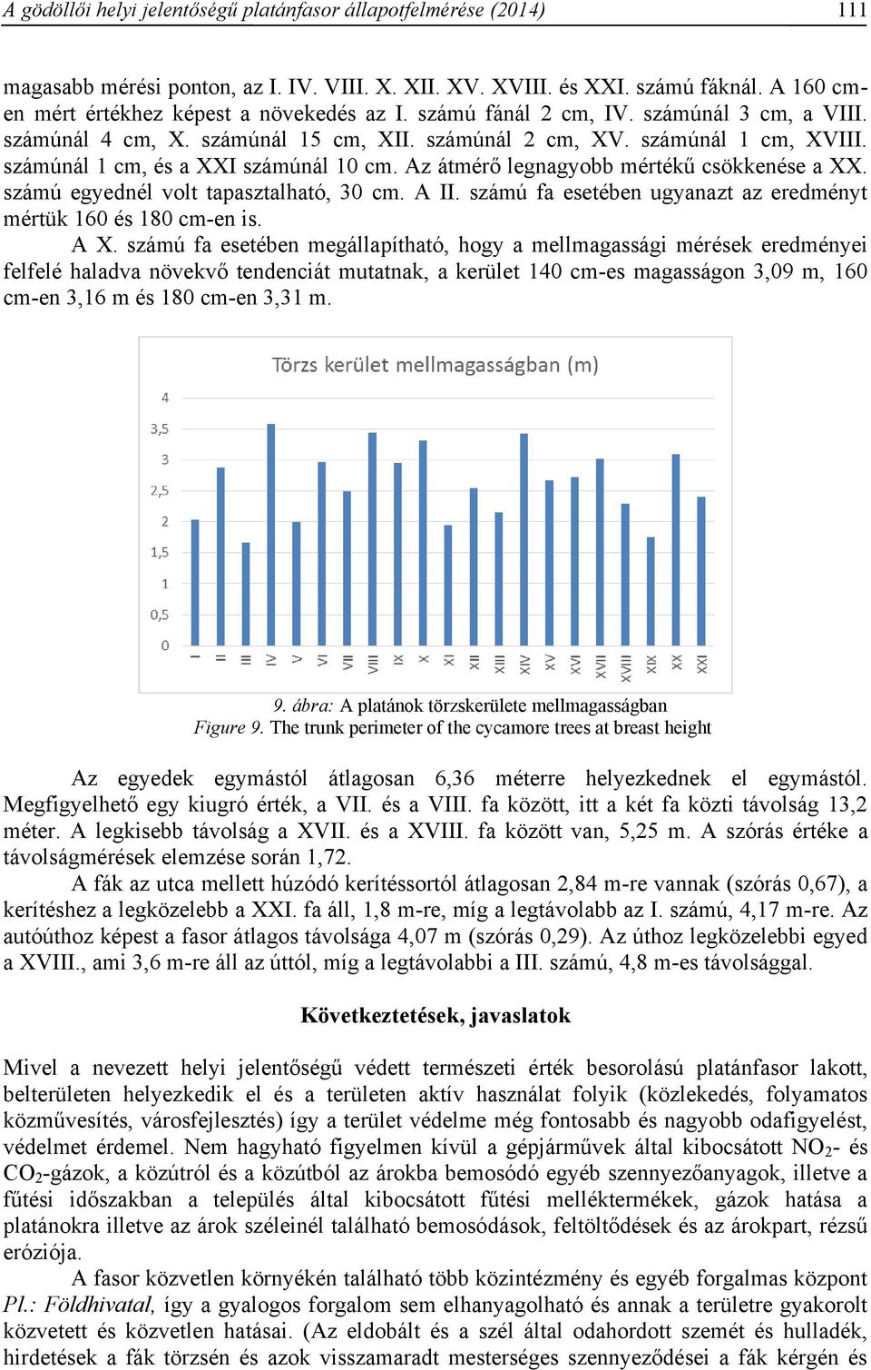 Az átmérő legnagyobb mértékű csökkenése a XX. számú egyednél volt tapasztalható, 30 cm. A II. számú fa esetében ugyanazt az eredményt mértük 160 és 180 cm-en is. A X.