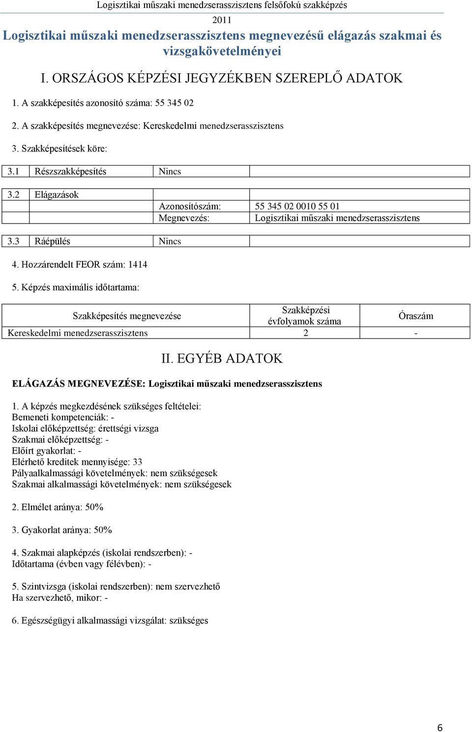 2 Elágazások Azonosítószám: 55 345 02 0010 55 01 Megnevezés: Logisztikai műszaki menedzserasszisztens 3.3 Ráépülés Nincs 4. Hozzárendelt FEOR szám: 1414 5.