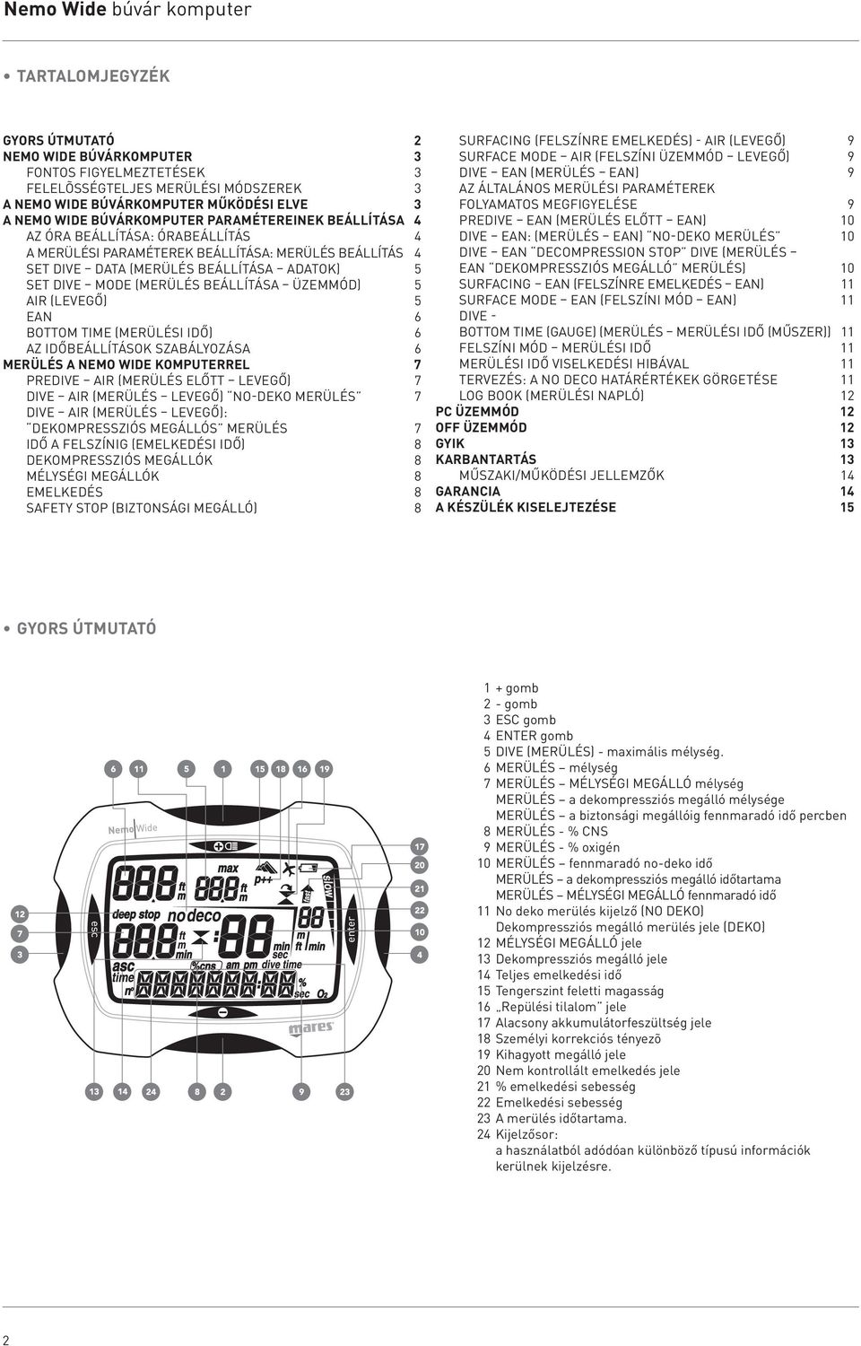 (merülés beállítása üzemmód) 5 AIR (levegő) 5 EAN 6 BOTTOM TIME (merülési idő) 6 AZ IDŐBEÁLLÍTÁSOK SZABÁLYOZÁSA 6 MERÜLÉS A NEMO WIDE KOMPUTERREL 7 PREDIVE AIR (merülés előtt levegő) 7 DIVE AIR