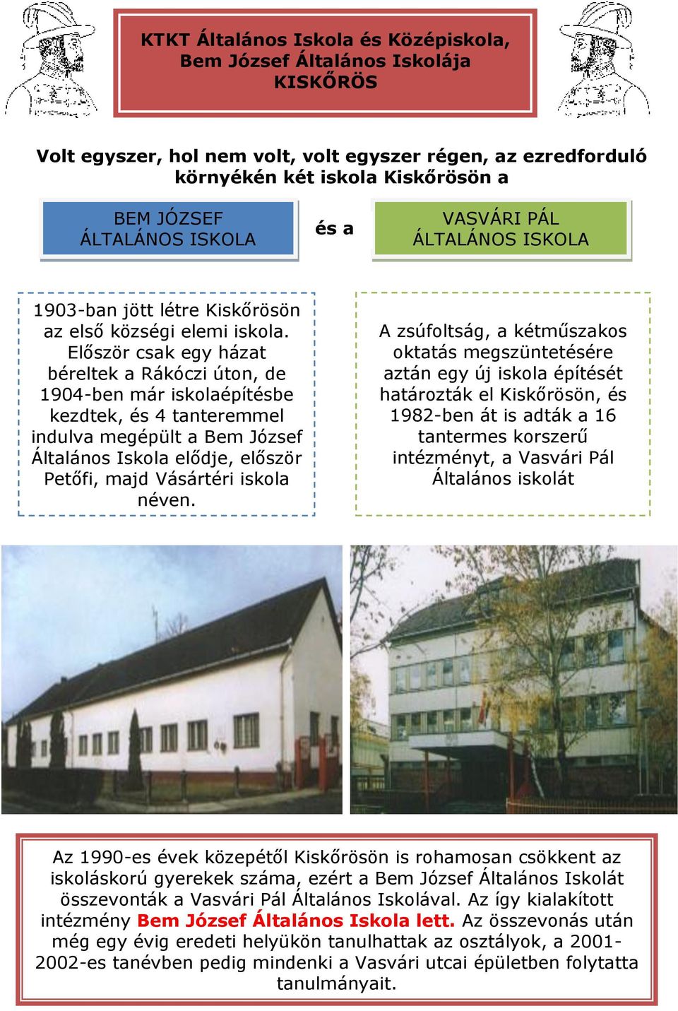 Először csak egy házat béreltek a Rákóczi úton, de 1904-ben már iskolaépítésbe kezdtek, és 4 tanteremmel indulva megépült a Bem József Általános Iskola elődje, először Petőfi, majd Vásártéri iskola