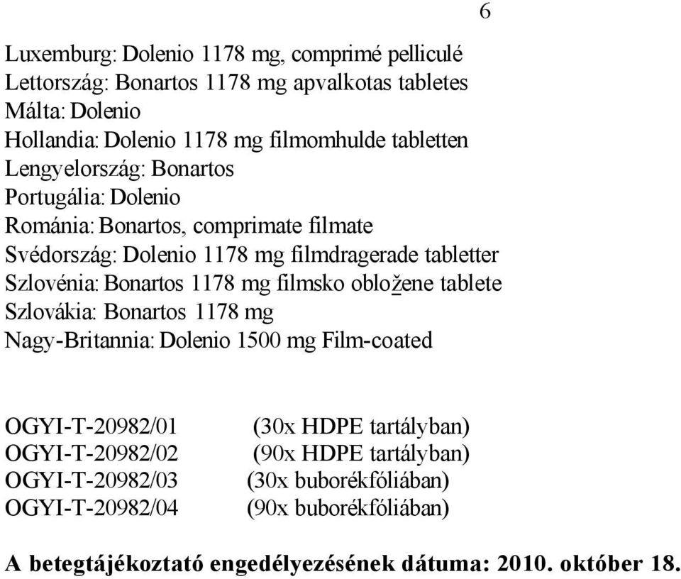 Bonartos 1178 mg filmsko obložene tablete Szlovákia: Bonartos 1178 mg Nagy-Britannia: Dolenio 1500 mg Film-coated 6 OGYI-T-20982/01 OGYI-T-20982/02